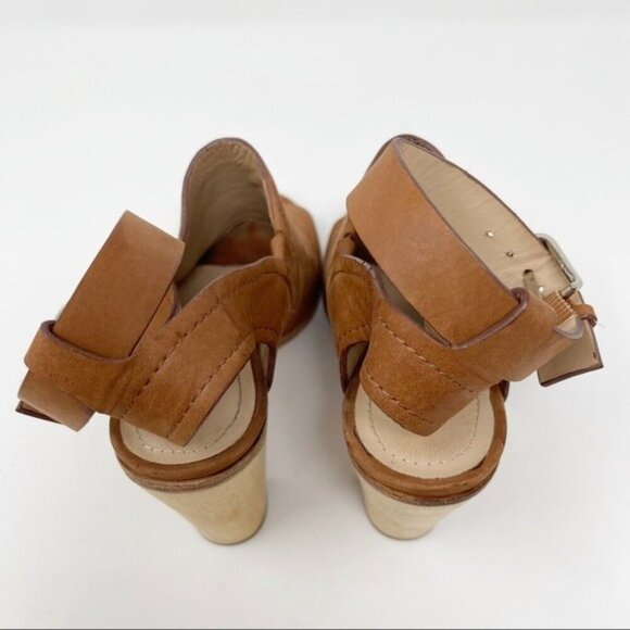 Pour La Victoire Suede Tan Brown 4" Wood Block Heel Peep Toe Mule Ankle Strap 6 - Picture 7 of 12